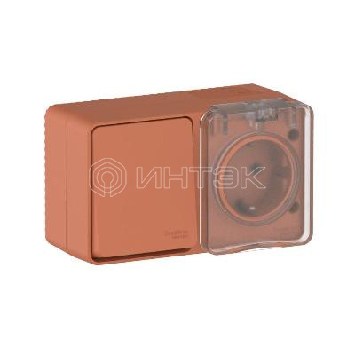 Блок ОП AtlasDesign PROFI IP54 (розетка 1-м 16А заземл. защ. шторки + 1-кл. выключатель 10А) терракот. Systeme Electric ATN547070 изображение, фото