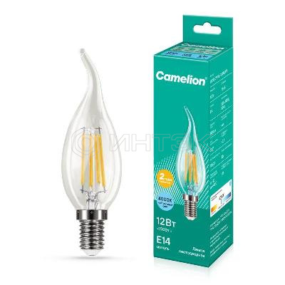 Лампа светодиодная филаментная LED12-CW35-FL/845/E14 12Вт свеча прозрачная 4500К бел. E14 220-240В Camelion 13711 изображение, фото