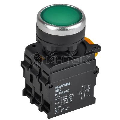 Кнопка d22мм 1НО+1НЗ MASTER с подсветкой зел. IEK MI-BT60-11D-3-12-K06 изображение, фото