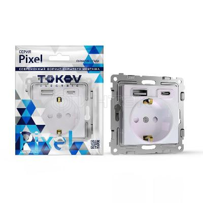 Розетка 1-м СП Pixel IP20 с заземл. с 2-мя заряд. устр. USB тип A+C механизм перламутр. TOKOV ELECTRIC TKE-PX-R1U2AC-C04 изображение, фото