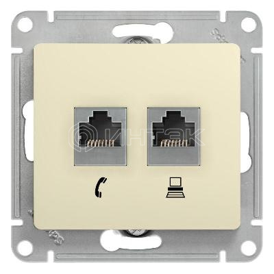 Розетка компьютерная + телефонная 2-м СП Glossa RJ45 + RJ11 кат.5E механизм беж. Systeme Electric GSL000285 изображение, фото