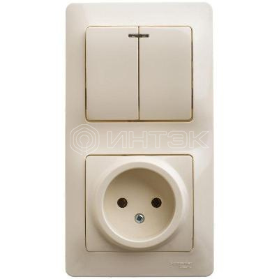 Блок комбинированный Glossa (розетка + 2-кл. выкл. с подсветкой) беж. Systeme Electric GSL000273 изображение, фото