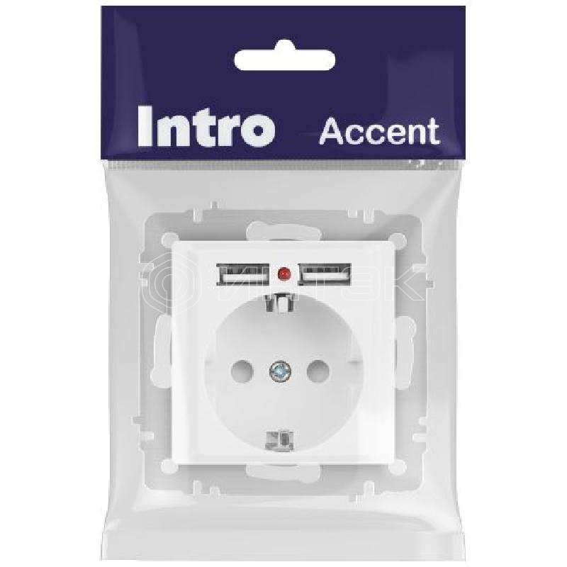 Розетка 1-м СП Accent 6-410-01М 16А IP20 250В P+E Schuko защ. шторки + 2хUSB бел. матов. Intro Б0063691 изображение, фото