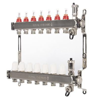 Коллектор Royal Thermo нерж. в сборе с расходомерами 1quot; ВР-3/4quot; НР с автомат. воздухоотвод-ми 7 вых. изображение, фото