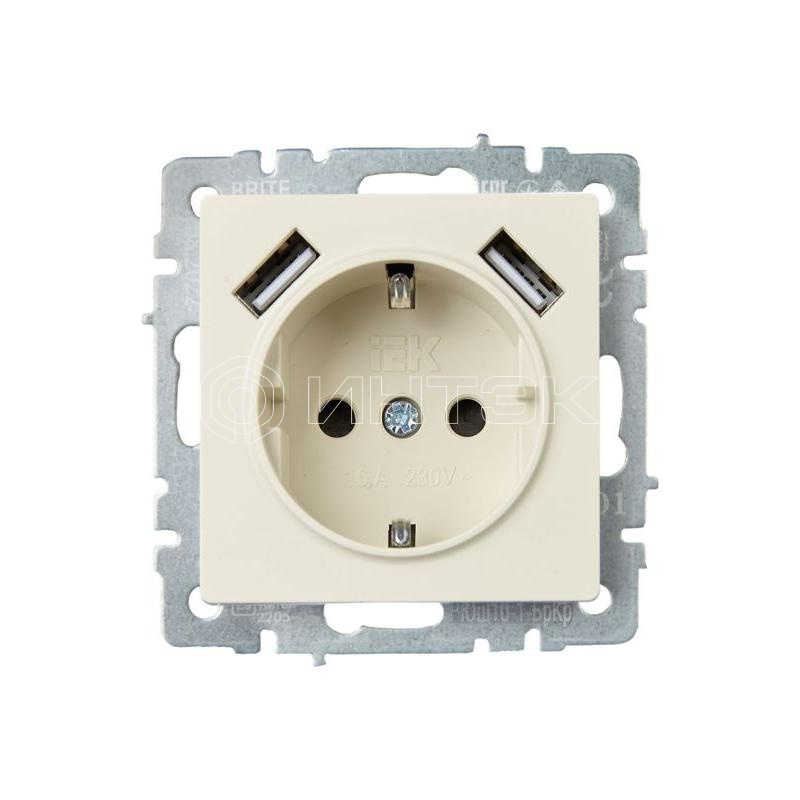 Розетка BRITE РЮш10-1-БрКр 16А с USB A+A 2.1А с заземл. защ. шторки механизм беж. IEK BR-R14-16-U21-D21-K10 изображение, фото