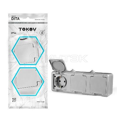 Розетка 3-м ОП Dita 16А IP54 250В с заземл. с сер. крышкой сер. TOKOV ELECTRIC TKL-DT-R3Z-C06-IP54 изображение, фото