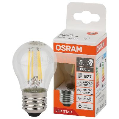 Лампа светодиодная филаментная LSCLP60 5W/840 230VFILCL 5Вт 4000К нейтр. бел. E27 600лм P угол пучка 300град. 220-240В (замена 60Вт) прозр. стекло OSRAM 4058075684690 изображение, фото