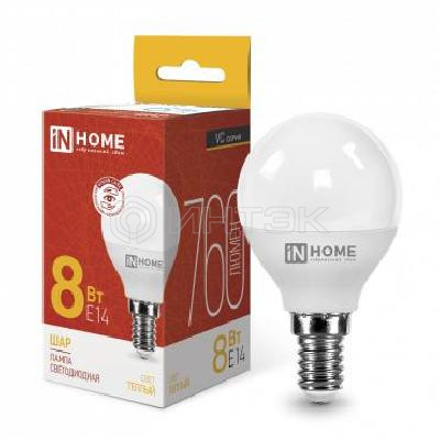 Лампа светодиодная LED-ШАР-VC 8Вт шар 3000К тепл. бел. E14 760лм 230В IN HOME 4690612020549 изображение, фото