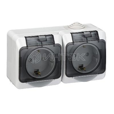 Розетка 2-м ОП Этюд 16А IP44 250В с заземл. защ. шторки с крышкой сер.  Systeme Electric PA16-244C изображение, фото