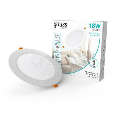 Светильник светодиодный Basic Downlight 18Вт 4000К IP20 1600лм 170-260В 170х26 круг бел. GAUSS 9030420218 изображение, фото