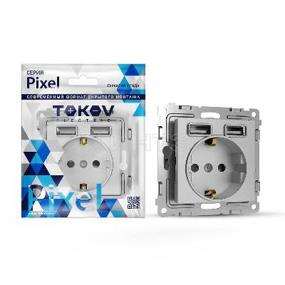 Розетка 1-м СП Pixel с заземл. с 2-мя заряд. устр. USB тип A+A механизм алюм. TOKOV ELECTRIC TKE-PX-R1U2A-C03 изображение, фото