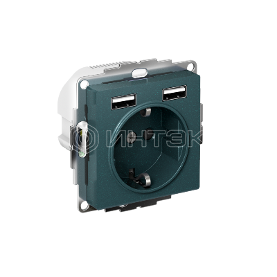 Розетка 1-м СП AtlasDesign 16А IP20 с 2-мя заряд. устройствами USB тип A+A 5В/2.4А 2х5В/1.2А механизм изумруд Systeme Electric ATN000830 изображение, фото