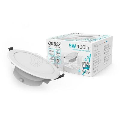 Светильник светодиодный Basic Downlight 5Вт 4000К IP54 400лм 210-240В 90х44 круг бел. GAUSS 9033420205 изображение, фото