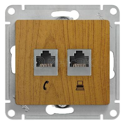 Розетка компьютерная + телефонная 2-м СП Glossa RJ45 + RJ11 кат.5E механизм дерево дуб Systeme Electric GSL000585 изображение, фото