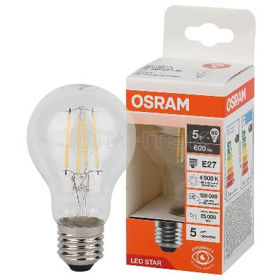 Лампа светодиодная филаментная LSCLA60 5W/840 230VFILCL 5Вт 4000К нейтр. бел. E27 600лм A угол пучка 300град. 220-240В (замена 60Вт) прозр. стекло OSRAM 4058075684034 изображение, фото