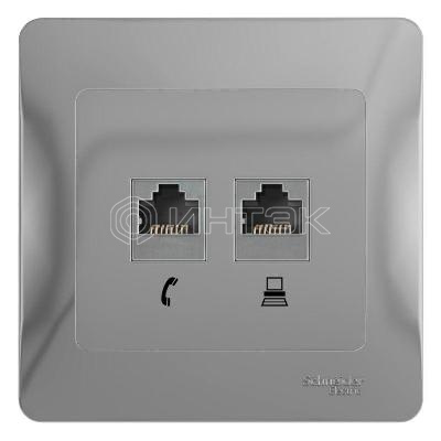 Розетка компьютерная + телефонная 2-м СП Glossa RJ45 + RJ11 кат.5E механизм алюм. Systeme Electric GSL000385 изображение, фото
