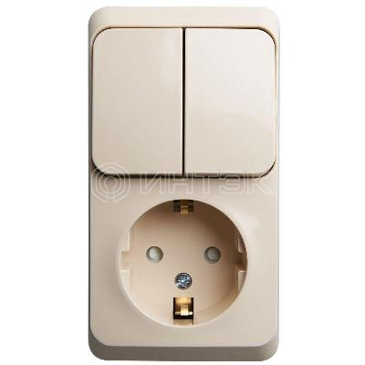 Блок ОП Этюд (1-м розетка с зазем. защ. шторки + 2-кл. выкл.) крем. Systeme Electric BPA16-202K изображение, фото