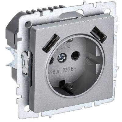 Розетка BRITE РЮш10-1-БрА 16А с USB A+A 2.1А с заземл. защ. шторки механизм алюм. IEK BR-R14-16-U21-D21-K47 изображение, фото