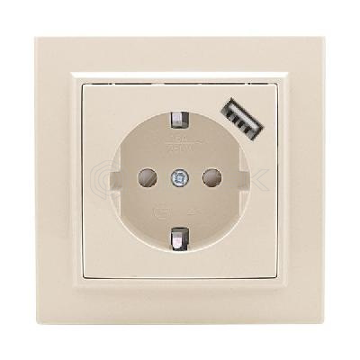 Розетка 1-м СП Минск 16А IP20 с заземл. защ. шторки с заряд. устройством USB 1А беж. EKF ERR16-028-200-USB изображение, фото
