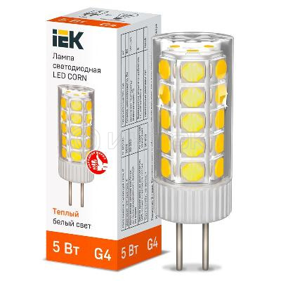 Лампа светодиодная CORN 5Вт капсула 3000К G4 12В керамика IEK LLE-CORN-5-012-30-G4 изображение, фото