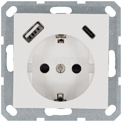Розетка Shuko 16А с заземл. защ. шторки с 2-мя заряд. устройствами USB тип A+C 25Вт механизм бел. глянцевый Jasmart G5501USB-25W изображение, фото