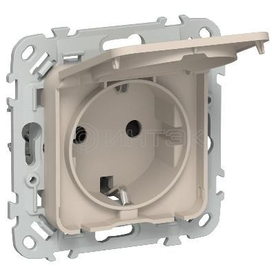 Розетка СП FLITE РСшкр11-1-44-ФлЛ 16А IP44 с заземл. с защ. шторками и крышкой безвинтовое крепление механизм льняной IEK FI-R16-16-1-44-K88 изображение, фото