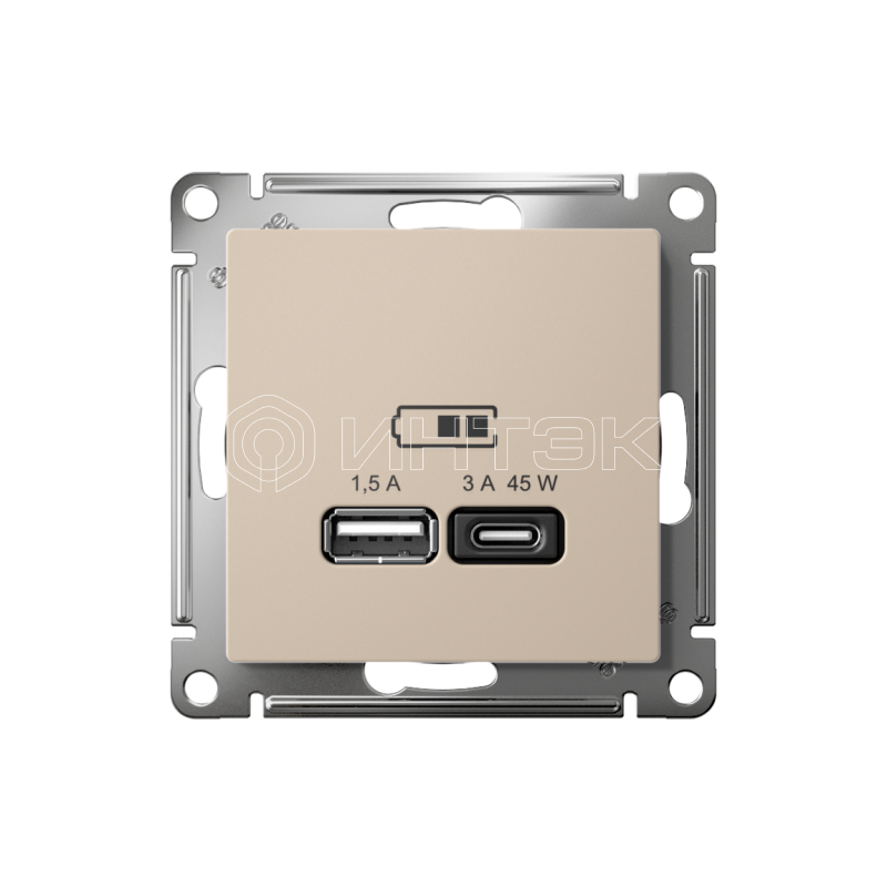 Розетка USB AtlasDesign тип A+C 45Вт высокоскор. ЗУ QC PD механизм песочн. Systeme Electric ATN001229 изображение, фото