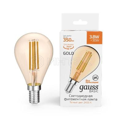 Лампа светодиодная филаментная Basic Filament 3.8Вт Шар 2400К Е14 350лм golden GAUSS 1057154 изображение, фото
