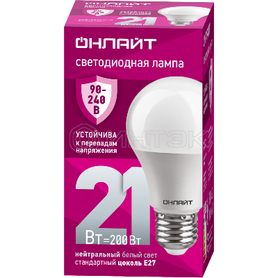 Лампа светодиодная 90 405 OLL-A60-21-230-4K-E27 21Вт грушевидная 4000К E27 90-240В PRO ОНЛАЙТ 90405 изображение, фото