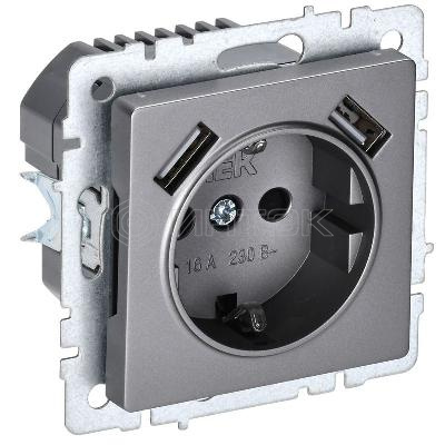 Розетка BRITE РЮш10-1-БрС 16А с USB A+A 2.1А с заземл. защ. шторки механизм сталь IEK BR-R14-16-U21-D21-K46 изображение, фото