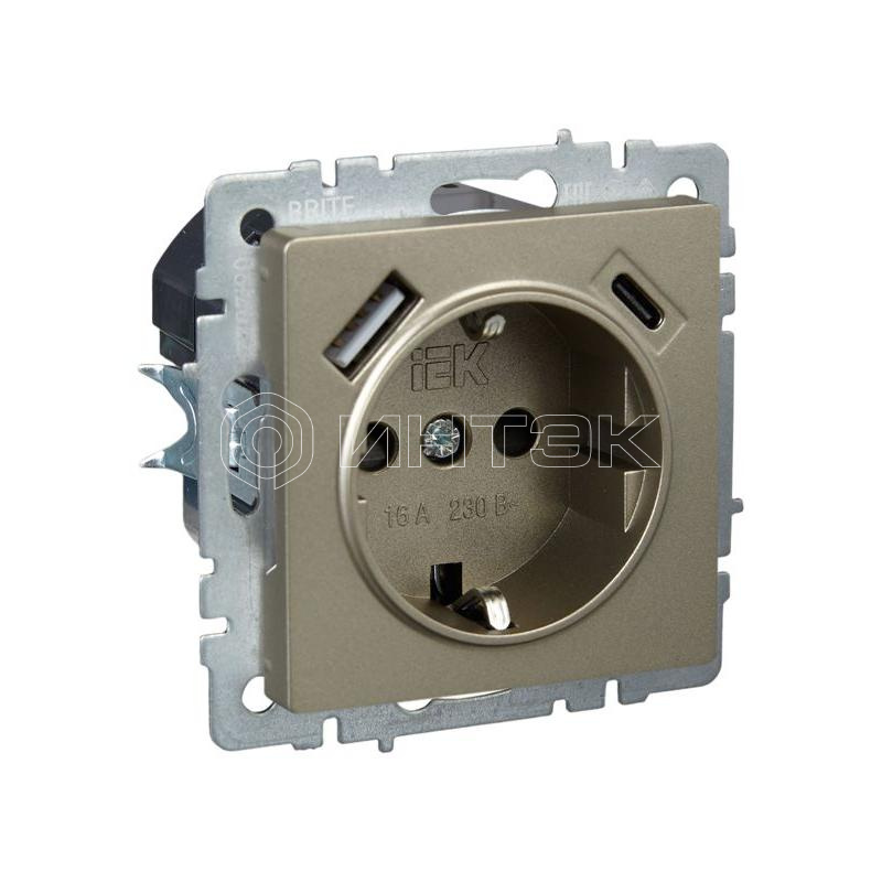 Розетка BRITE РЮш11-1-БрШ 16А с USB A+C 18Вт с заземл. защ. шторки механизм шампань IEK BR-R14-16-U22-018-K37 изображение, фото