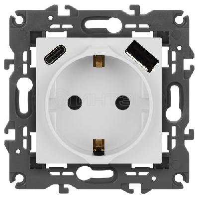 Розетка Elegance 14-4108-01 16A 250В 2P+E защ. шторки с USB type-A+C 3А 5В белый Эра Б0067736 изображение, фото
