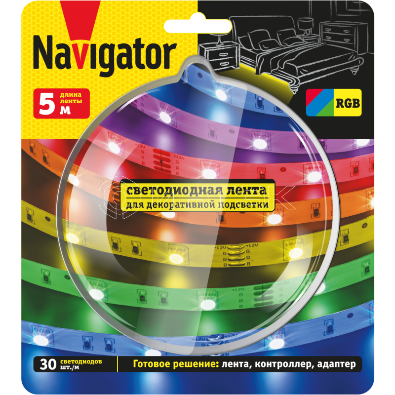 Лента светодиодная 95 144 NLS-Systeme ElectricT-02 RGB 5м 30шт/м адаптер 1м IP20 Navigator 95144 изображение, фото