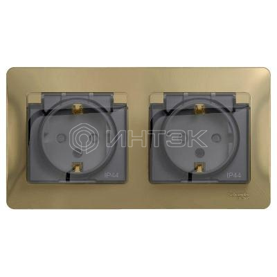 Розетка 2-м СП 2мод. Glossa 16А IP44 с заземл. защ. шторки в сборе титан Systeme Electric GSL000447 изображение, фото