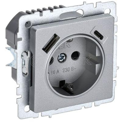Розетка BRITE РЮш11-1-БрА 16А с USB A+C 18Вт с заземл. защ. шторки механизм алюм. IEK BR-R14-16-U22-018-K47 изображение, фото