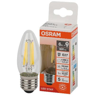 Лампа светодиодная филаментная LSCLB75 6W/840 230VFILCL 6Вт 4000К нейтр. бел. E27 806лм B угол пучка 300град. 220-240В (замена 75Вт) прозр. стекло OSRAM 4058075687912 изображение, фото