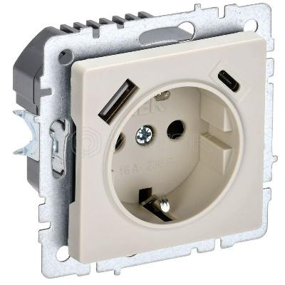 Розетка BRITE РЮш11-1-БрКр 16А с USB A+C 18Вт с заземл. защ. шторки механизм беж. IEK BR-R14-16-U22-018-K10 изображение, фото