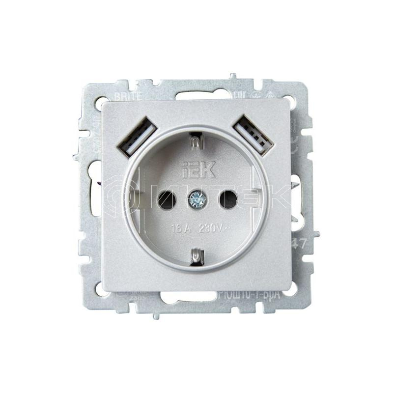 Розетка BRITE РЮш10-1-БрА 16А с USB A+A 2.1А с заземл. защ. шторки механизм алюм. IEK BR-R14-16-U21-D21-K47 изображение, фото