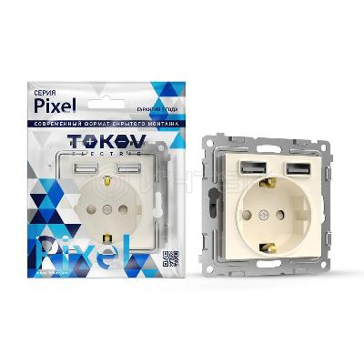 Розетка 1-м СП Pixel с заземл. с 2-мя заряд. устр. USB тип A+A механизм беж. TOKOV ELECTRIC TKE-PX-R1U2A-C02 изображение, фото