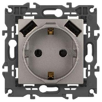 Розетка Elegance 14-4109-16 16A 250В 2P+E защ. штор. с 2xUSB 3А 5В титан Эра Б0065775 изображение, фото