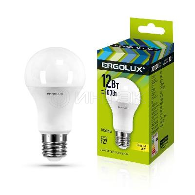 Лампа светодиодная LED-A60-12W-E27-3000K 12Вт грушевидная 3000К тепл. бел. E27 180-240В ЛОН Ergolux 12150 изображение, фото