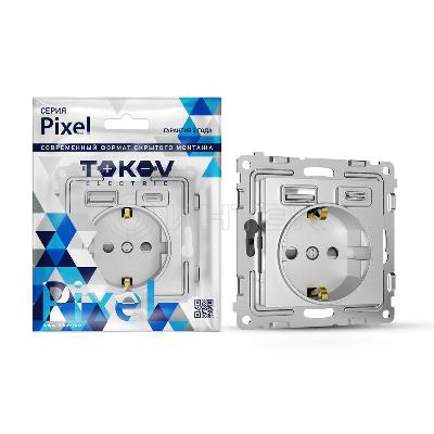Розетка 1-м СП Pixel IP20 с заземл. с 2-мя заряд. устр. USB тип A+C механизм алюм. TOKOV ELECTRIC TKE-PX-R1U2AC-C03 изображение, фото