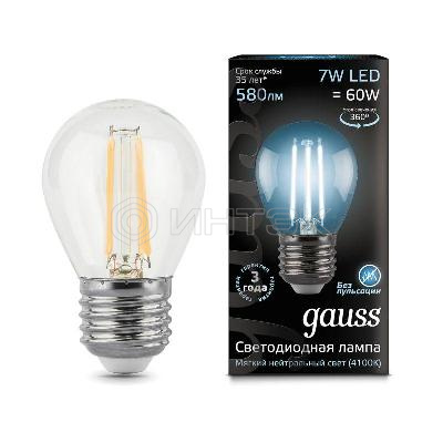 Лампа светодиодная филаментная Black Filament 7Вт P45 шар 4100К нейтр. бел. E27 580лм GAUSS 105802207 изображение, фото