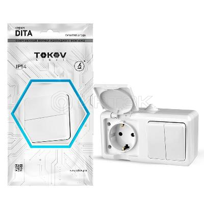 Блок ОП Dita (розетка 16А 250В с заземл. + 2-кл. выкл. 10А) IP54 бел. TOKOV ELECTRIC TKL-DT-V2RZ-C01-IP54 изображение, фото