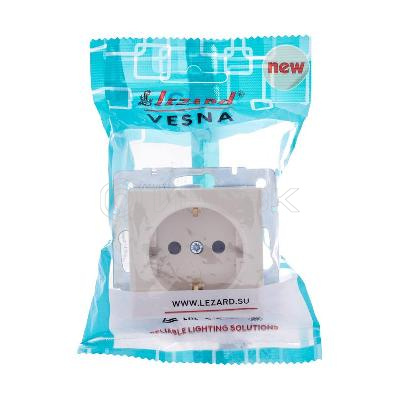 Розетка 1-м СП Vesna с заземл. защ. шторки ПБТ механизм крем. LEZARD 742-0388-124B изображение, фото