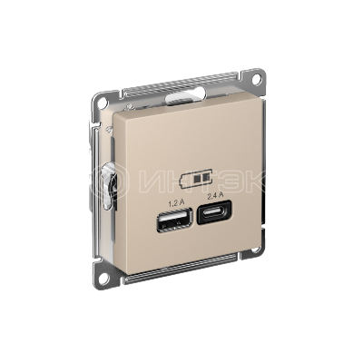 Розетка USB AtlasDesign тип A+C 5В/2.4А 2х5В/1.2А механизм песочн. Systeme Electric ATN001239 изображение, фото