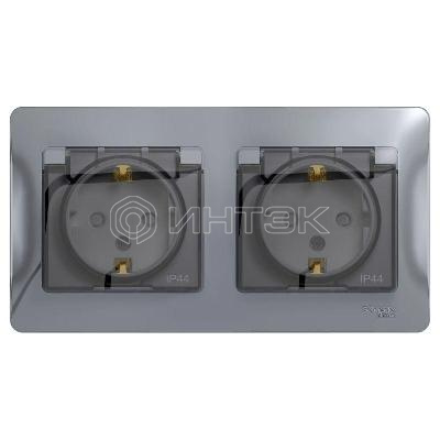 Розетка 2-м СП 2мод. Glossa 16А IP44 с заземл. защ. шторки в сборе алюм. Systeme Electric GSL000347 изображение, фото
