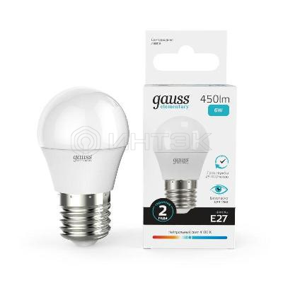 Лампа светодиодная Elementary 6Вт P45 шар 4100К нейтр. бел. E27 450лм GAUSS 53226 изображение, фото