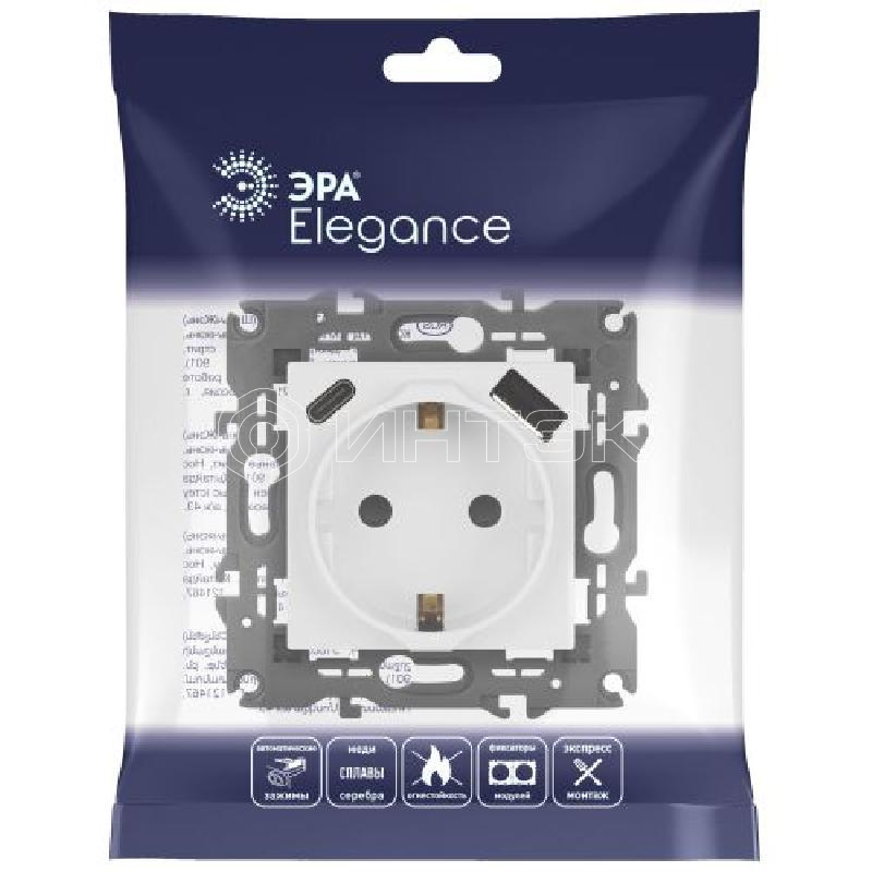 Розетка Elegance 14-4108-01 16A 250В 2P+E защ. шторки с USB type-A+C 3А 5В белый Эра Б0067736 изображение, фото