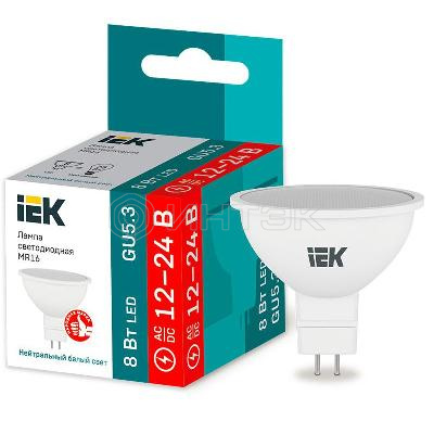 Лампа светодиодная 8Вт MR16 софит 4000К нейтр. бел. GU5.3 12-24В низковольтная IEK LLE-MR16-08-12-24-40-GU5 изображение, фото